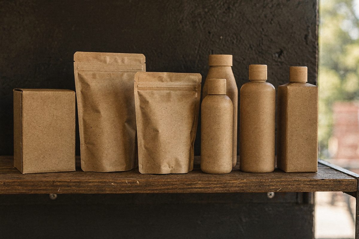 Row of unbranded packaging shapes arranged on a shelf for comparison